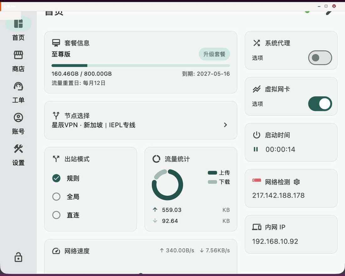 已连接：虚拟网卡开启，网络检测显示出口 IP