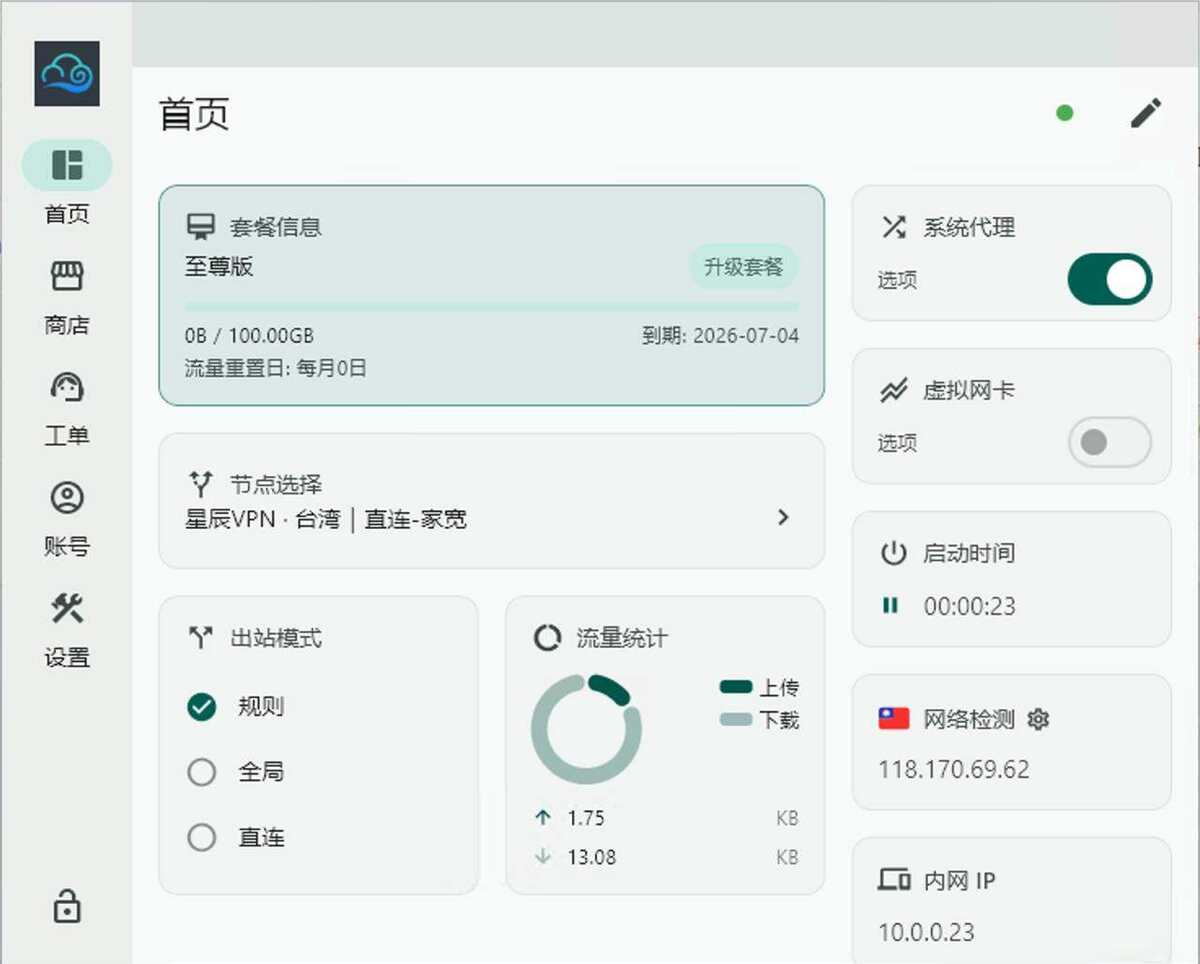 已连接：系统代理开启，网络检测显示出口 IP